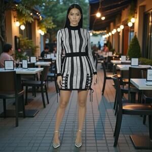 Missguided Black Silver Striped Sweater Knit Dress Sz S Sheer Mini Bodycon Party